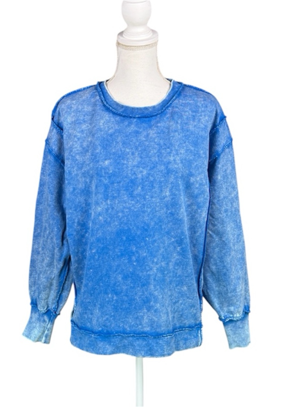Zenana Acid Wash French Terry Exposed-Seam Oversized Sweatshirt Blue Size S/M